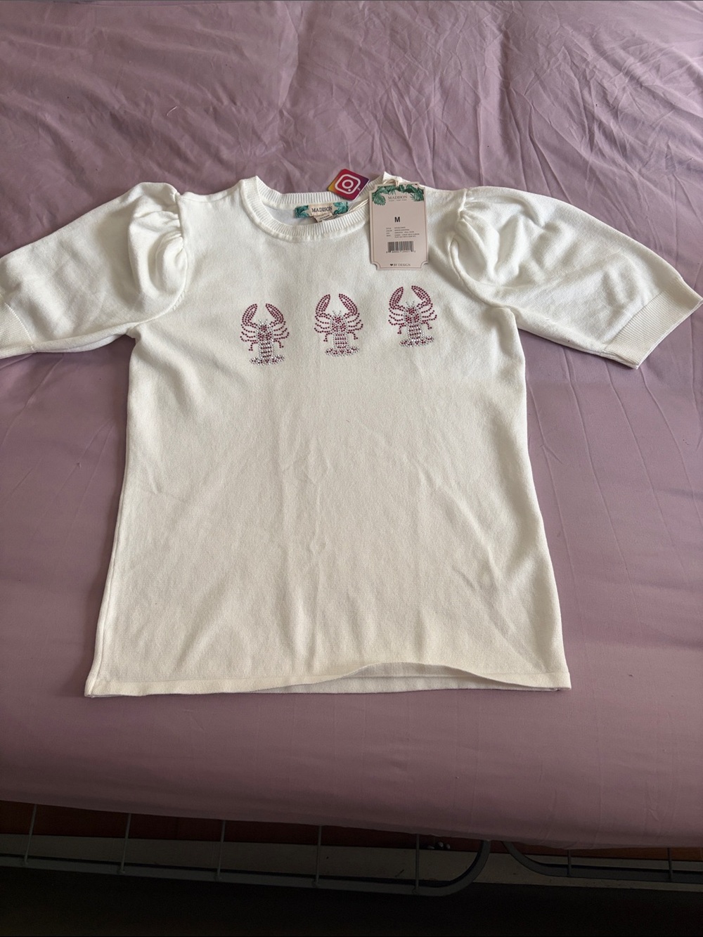 Madison White Short Sleeve Top with Pink Lobster Motifs